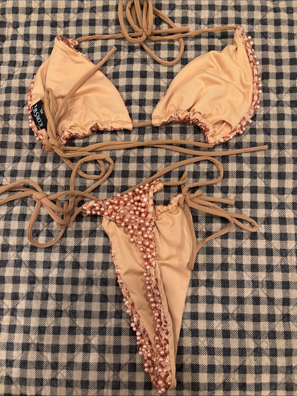 Beaded Triangle Bikini Set in Peach Pink - Picture 3 of 7